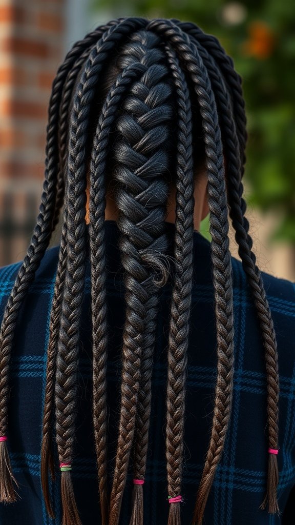 A person with medium boho knotless braids styled in a neat pattern, showcasing the intricate design and vibrant hair color.
