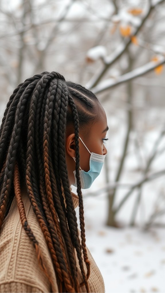 A woman with medium knotless box braids in a snowy outdoor setting, wearing a cozy sweater and a mask.