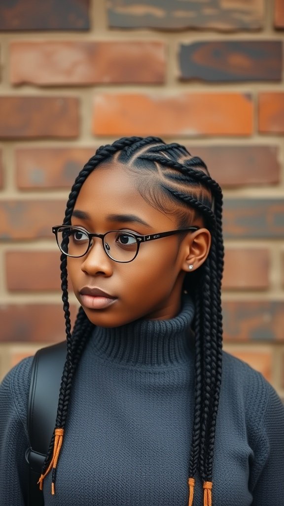 A young girl with short knotless box braids, wearing glasses and a turtleneck sweater, standing against a brick wall.
