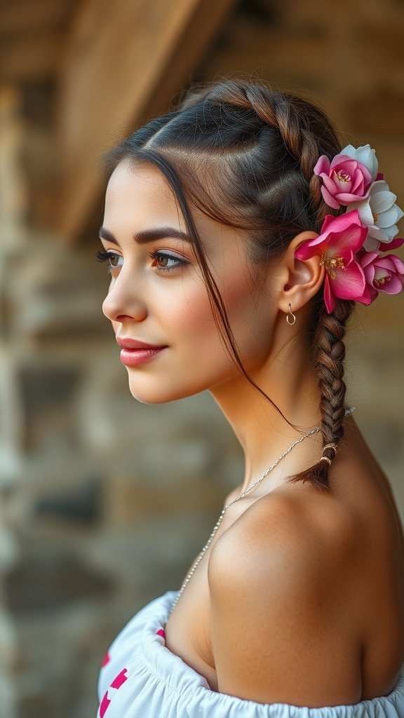 A woman with short knotless braids adorned with flowers, showcasing a stylish and playful look.