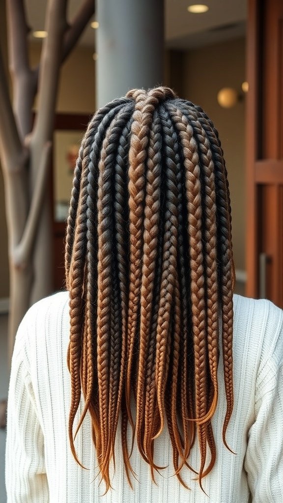 A close-up view of a person's back showcasing jumbo boho knotless braids, featuring a blend of dark and light colors.