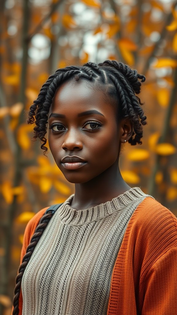 A young woman with short knotless braids and curly ends, wearing a cozy sweater, surrounded by autumn leaves.