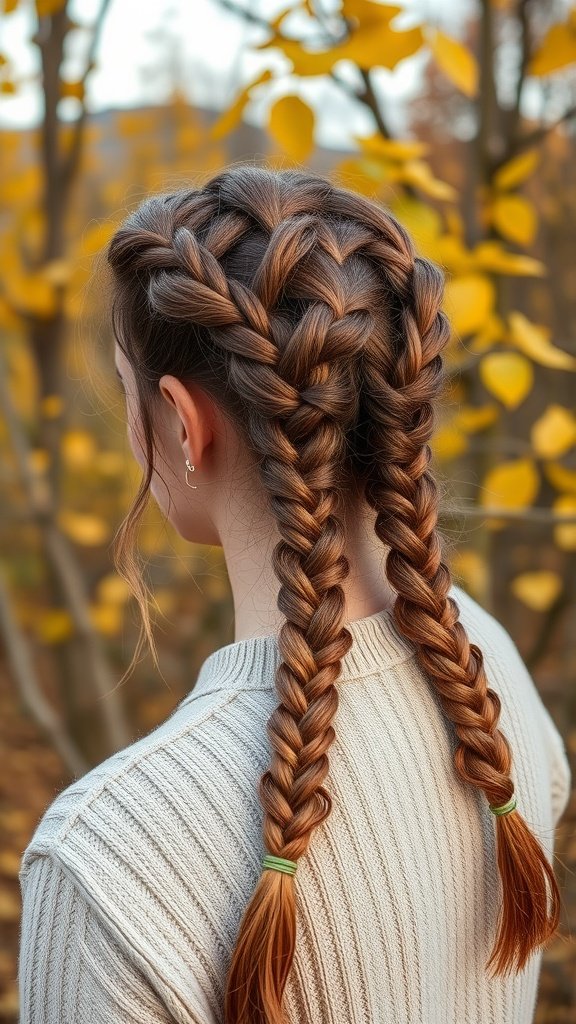 A woman with two braided hairstyles in a fall setting, showcasing bohemian knotless braids.
