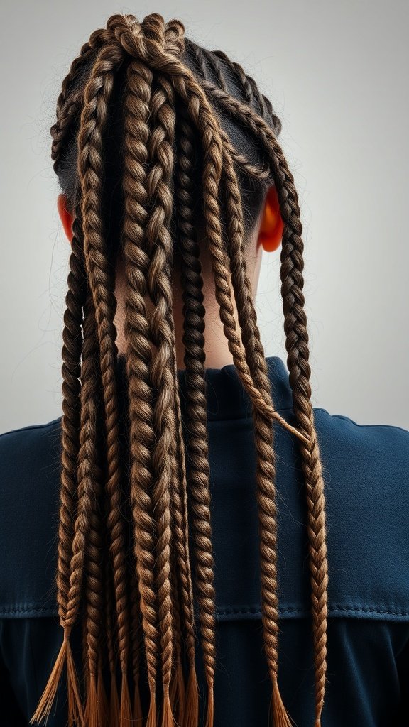 A close-up view of a person's back showcasing long, twisted knotless braids styled in a bohemian fashion.