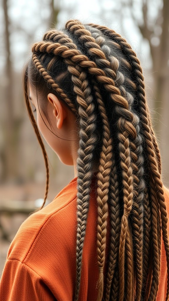 A close-up view of a person with honey brown knotless braids, showcasing intricate braiding patterns.