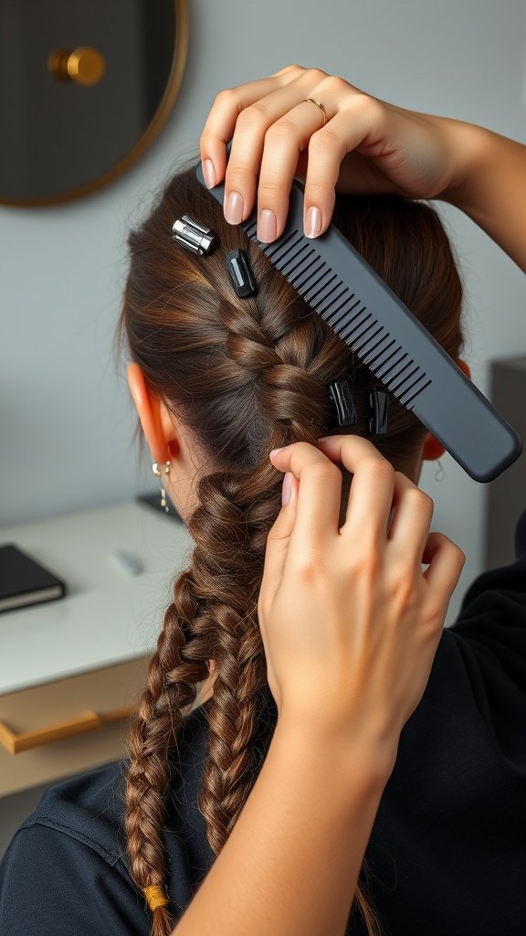 A person sectioning hair for knotless braids, using a comb and hair clips.