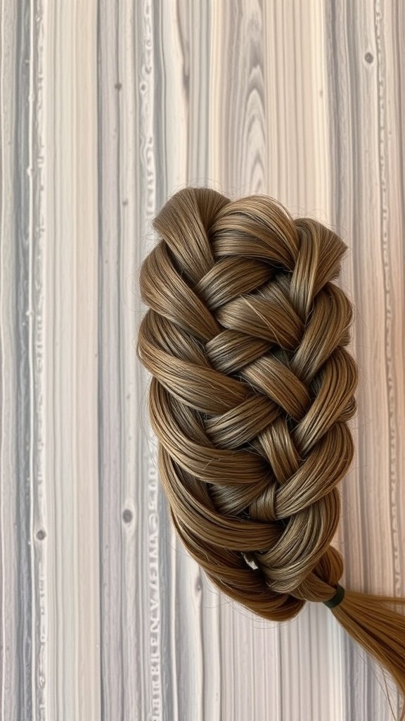 A close-up of a neatly braided hairstyle, showcasing the intricate pattern and sectioning technique.