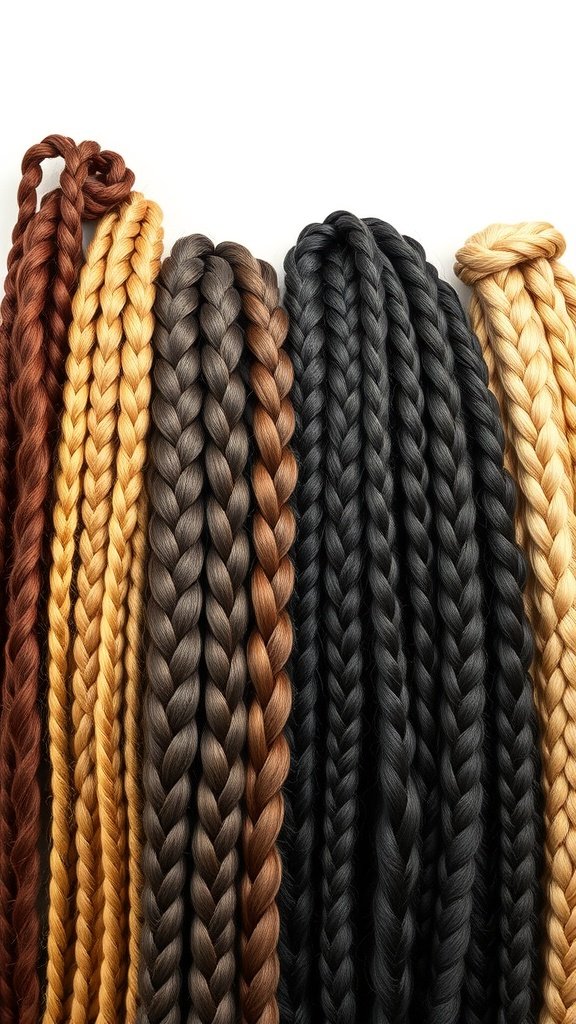 A variety of braided hair extensions in different colors and textures for knotless braids.