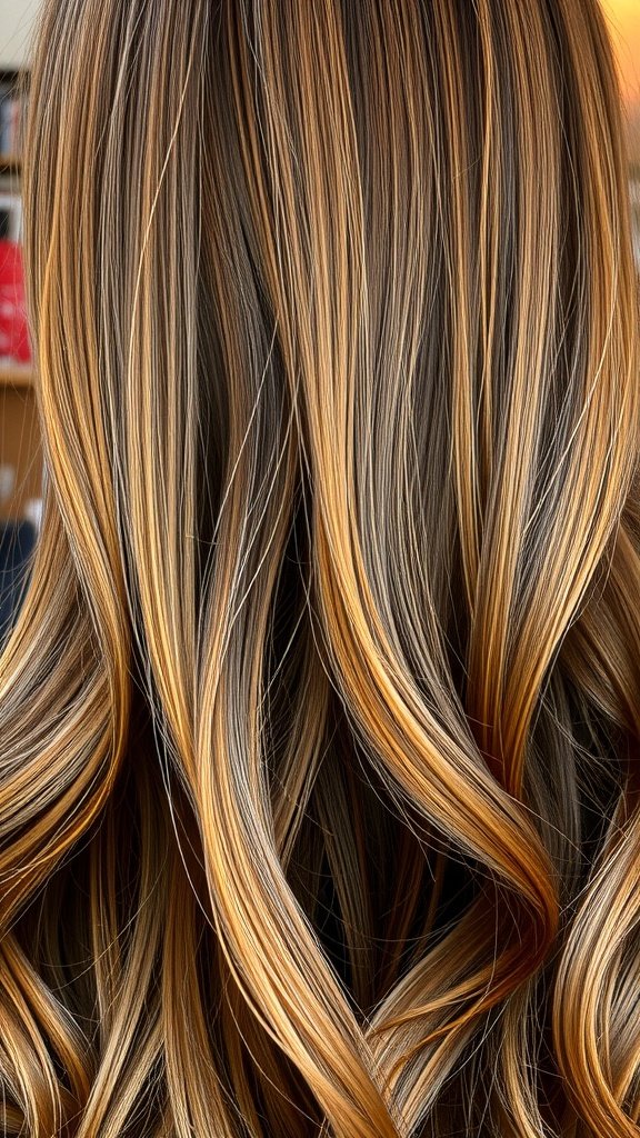 A close-up view of honey brown hair with highlights, showcasing beautiful waves and color variation.