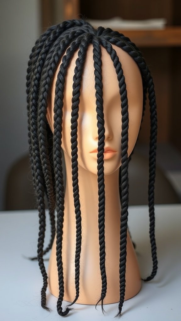 A mannequin head displaying long, large boho knotless braids.