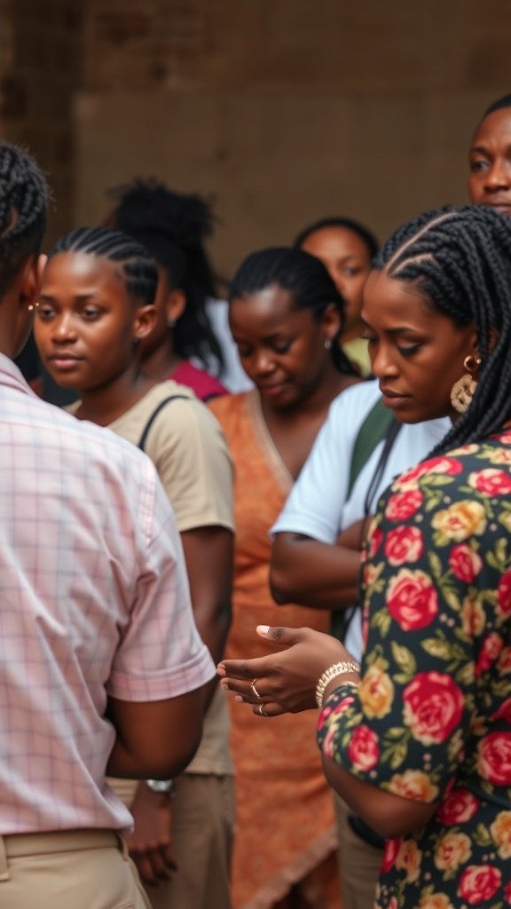 A group of individuals discussing short knotless box braids, showcasing various styles and experiences.