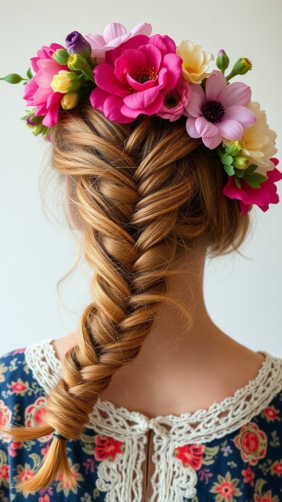 A woman with short boho knotless braids adorned with colorful flowers, showcasing a stylish and relaxed hairstyle.