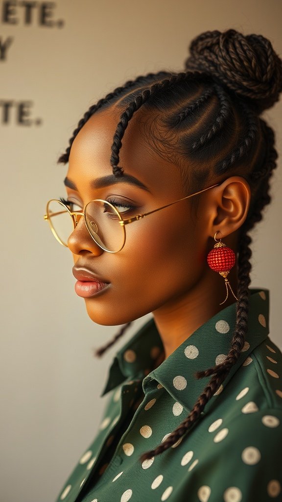 A model with short bohemian knotless braids styled elegantly, wearing glasses and bold earrings.