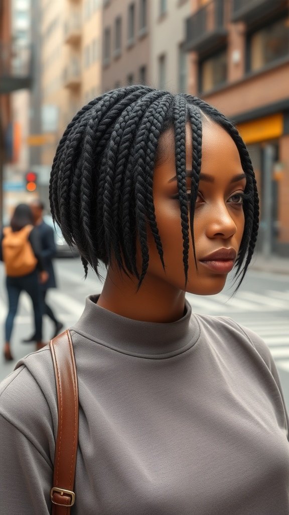 A woman with short knotless bob braids, showcasing a stylish and modern look.