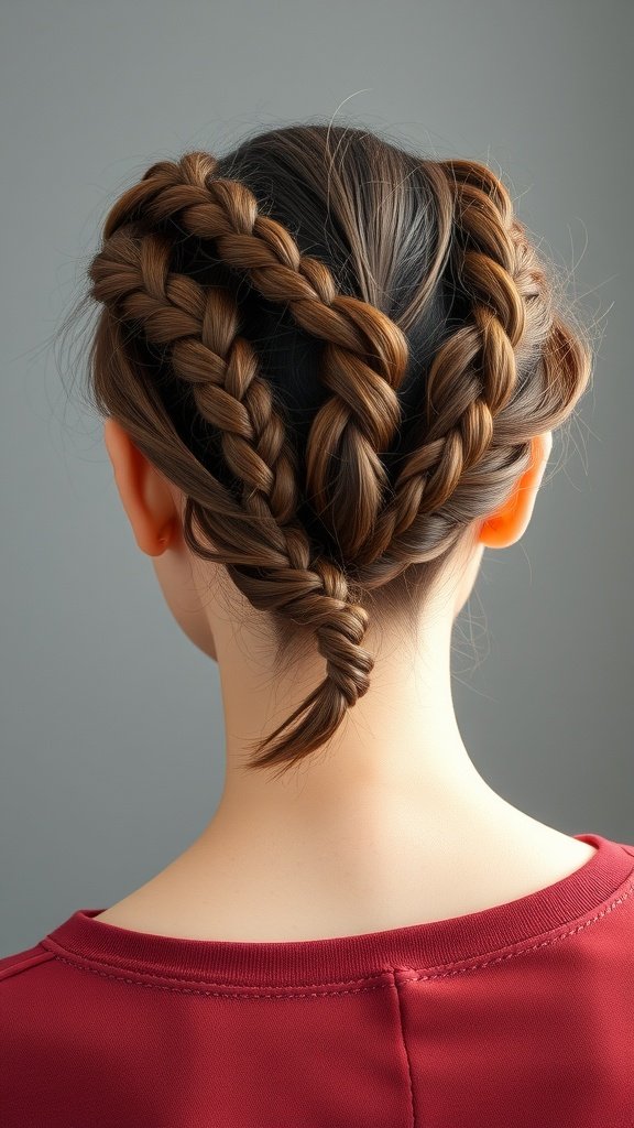 A hairstyle featuring two heart-shaped short knotless braids.