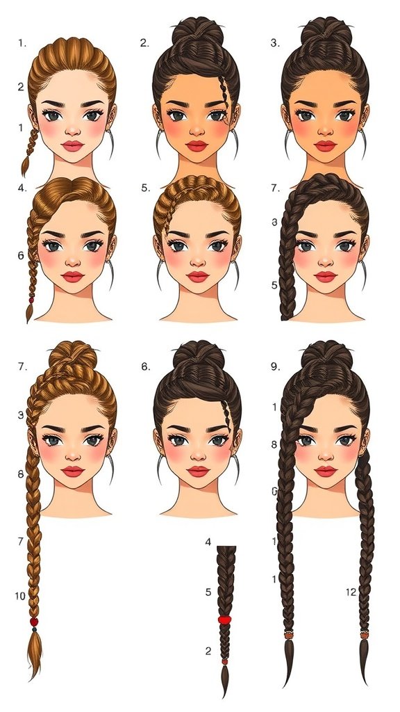 Illustration of various short braid styles suitable for different face shapes.