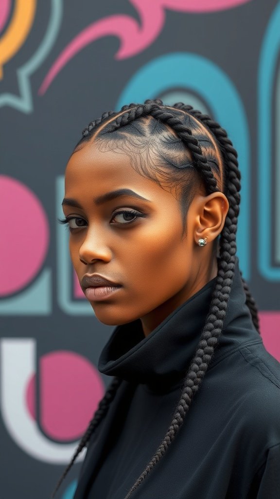 A close-up of a woman with short knotless braids, showcasing a stylish and modern look against a colorful background.