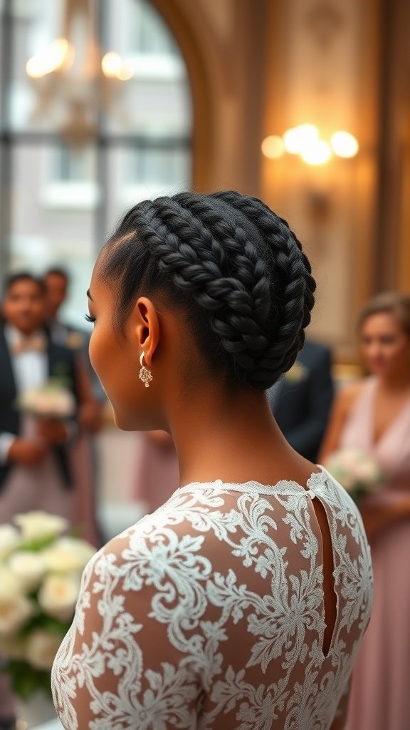 A woman with beautifully styled short knotless braids at a special event, showcasing elegance and style.