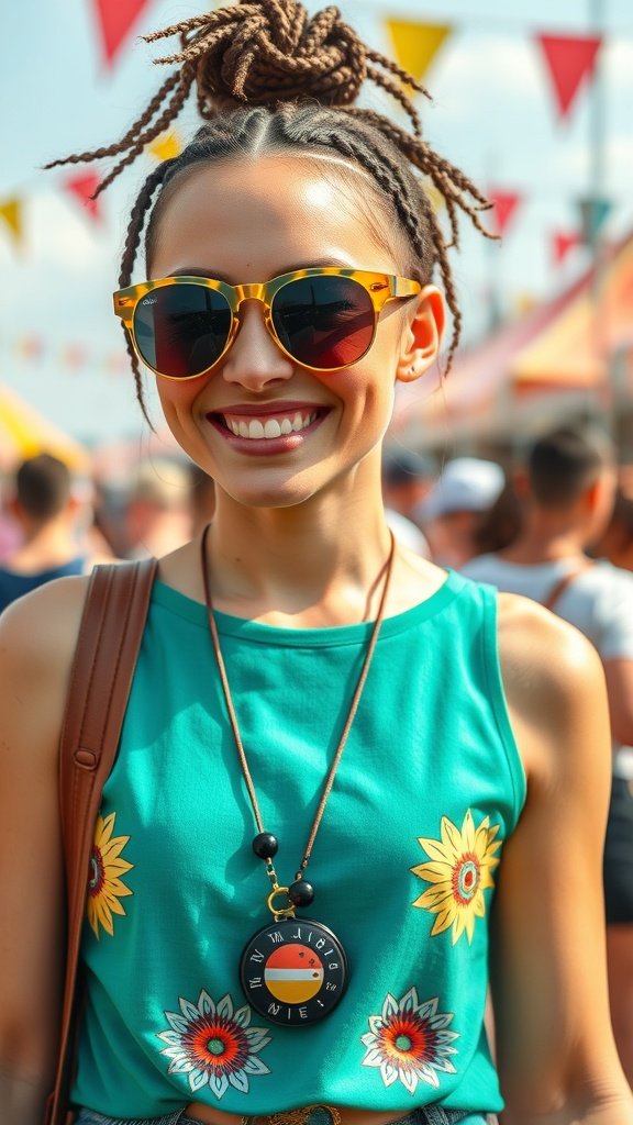 A woman with short bohemian knotless braids smiling at a summer festival, wearing sunglasses and a floral top.