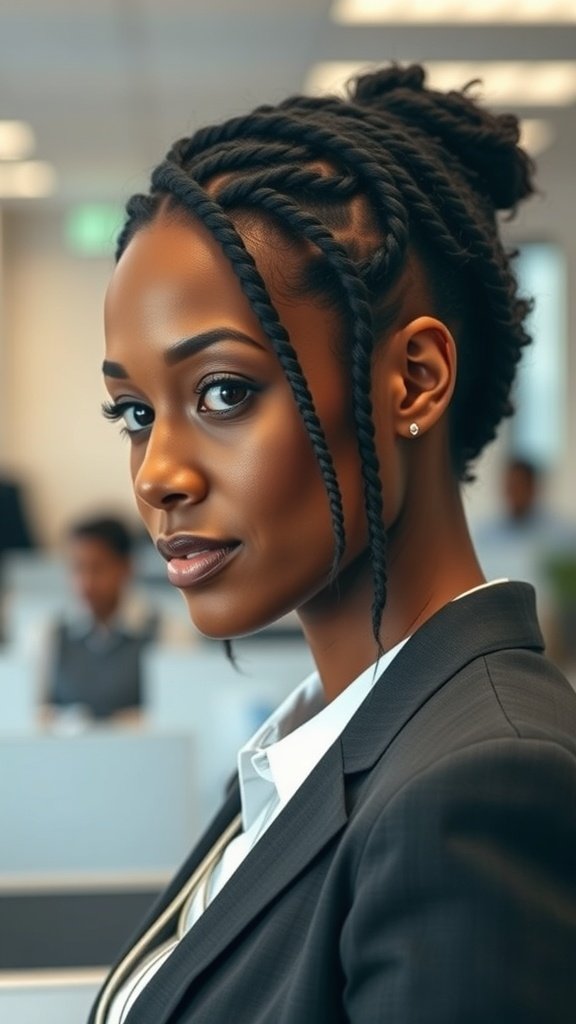 A woman with short knotless braids in a professional office setting.