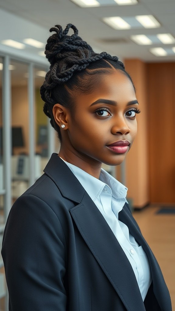 A professional woman with short knotless braids in a business setting.
