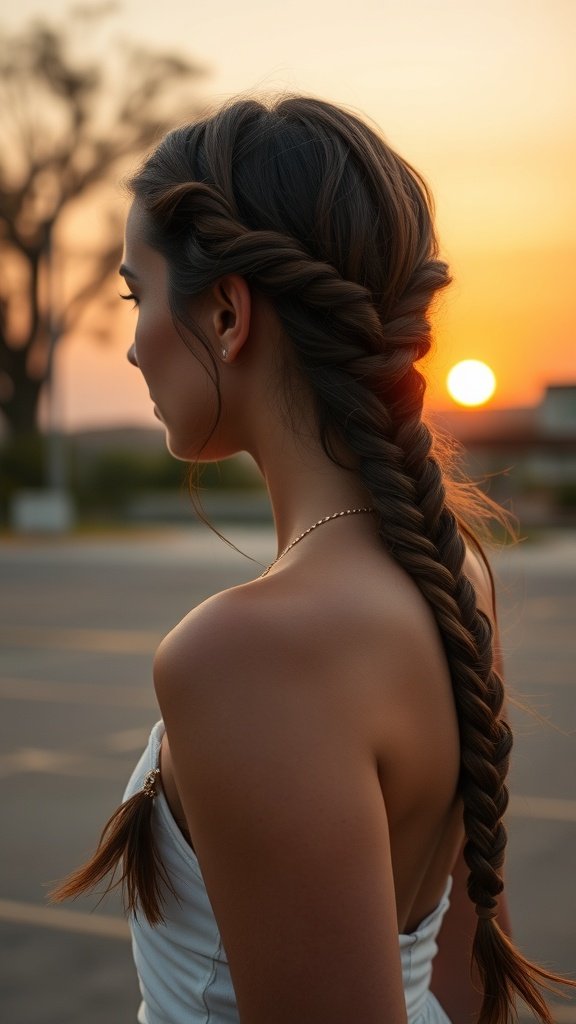 A woman with side-swept knotless braids, showcasing a bohemian hairstyle against a sunset backdrop.