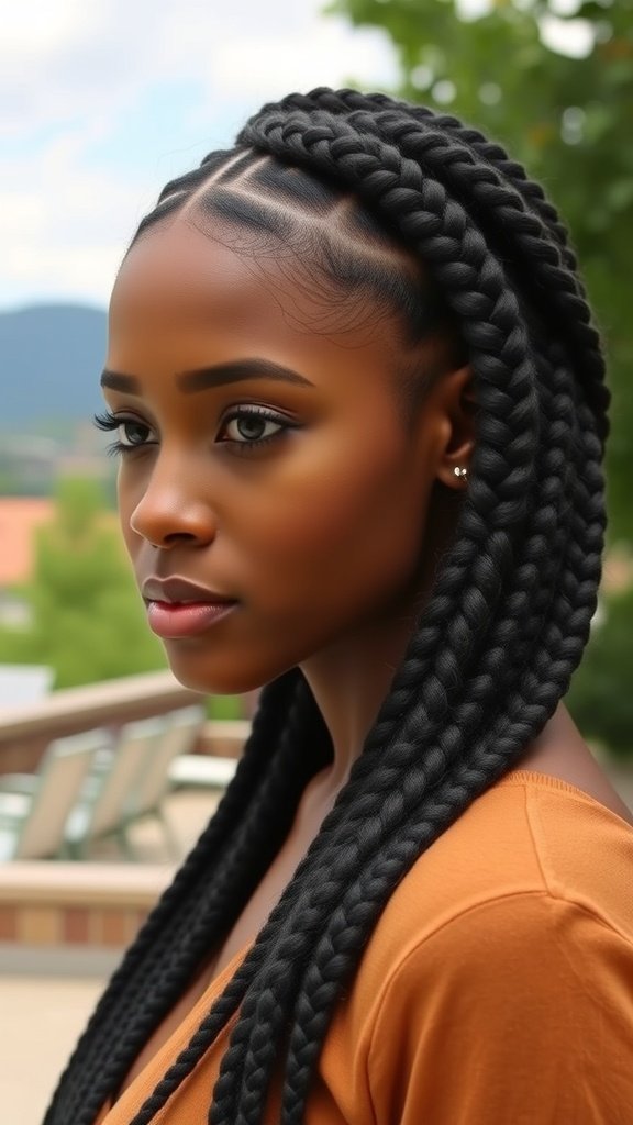 A woman with side-swept knotless box braids, showcasing a stylish hairstyle.