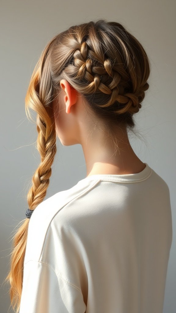 A model showcasing side-swept knotless braids with a casual style.