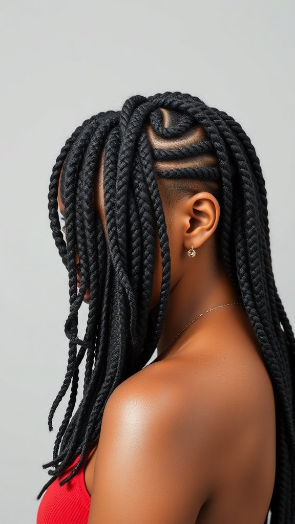 A woman with side swept knotless box braids, showcasing a stylish and elegant hairstyle.