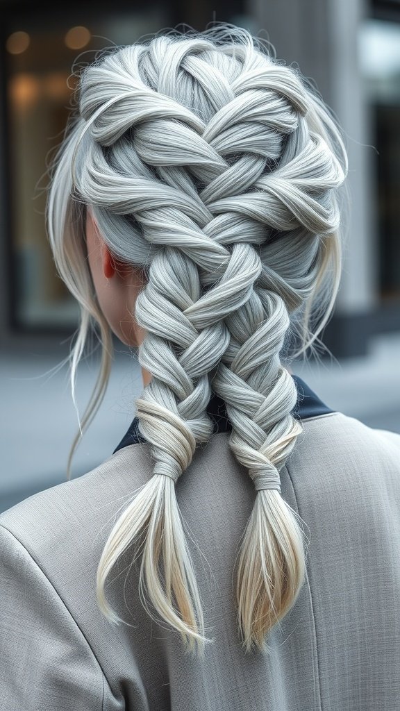 A woman with silver grey knotless braids styled elegantly.