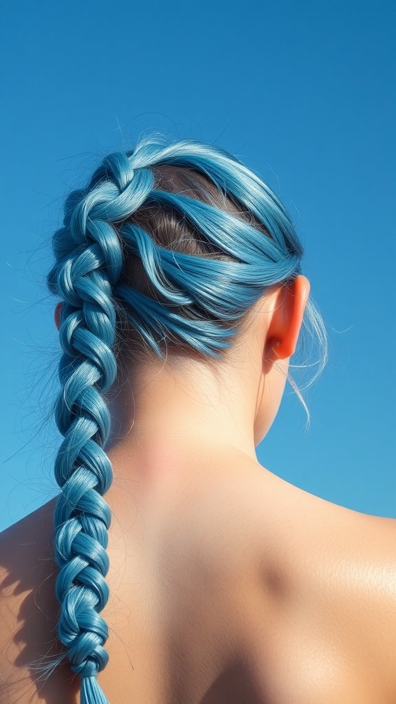 A close-up view of a person's back with a single sky blue knotless braid against a clear blue sky.