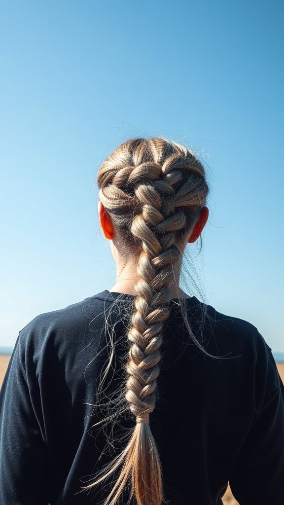 A person with a beautiful braid against a clear blue sky.