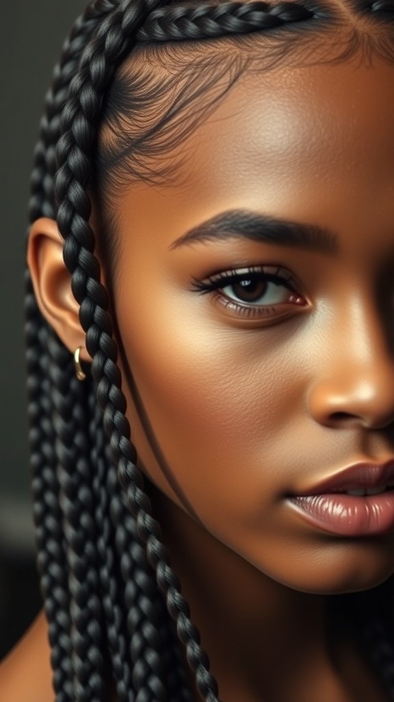 Close-up of a person with sleek knotless braids, highlighting their style and texture.