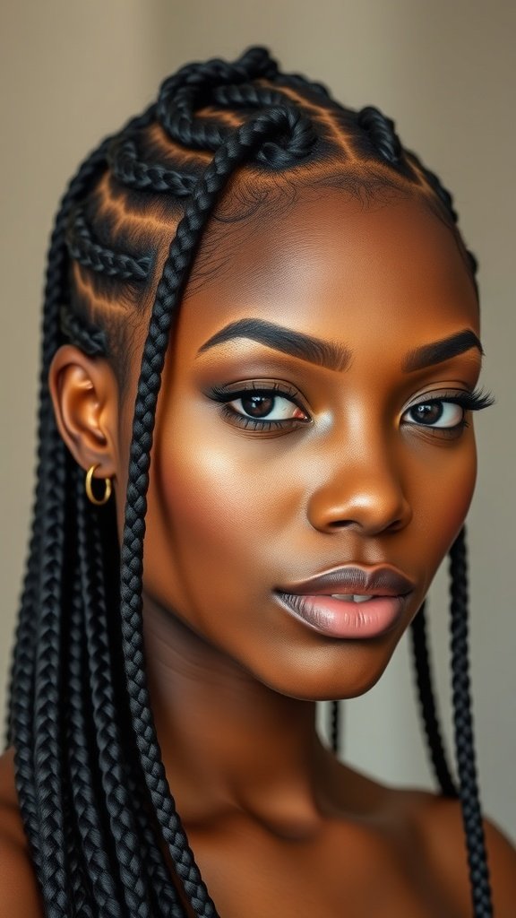 A close-up of a woman with sleek knotless box braids, showcasing a polished hairstyle.