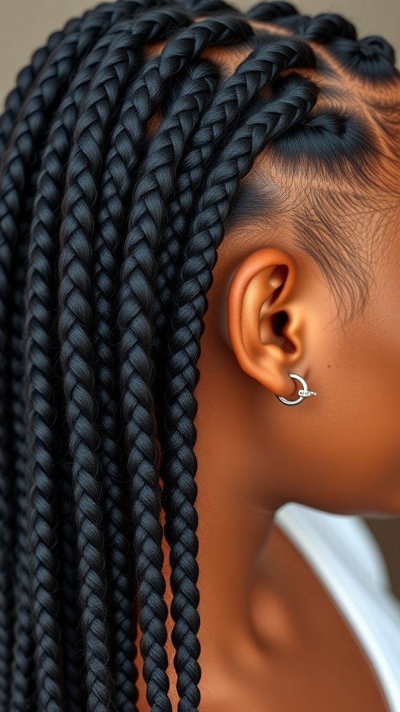 Close-up of sleek knotless box braids, showcasing a polished hairstyle.