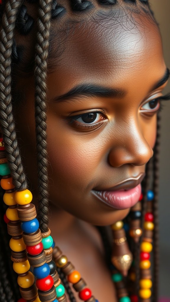 Close-up of a girl with sleek lemonade braids adorned with colorful beads.