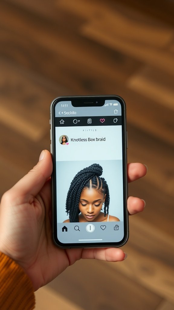 A hand holding a smartphone displaying an image of a person with jumbo knotless box braids.