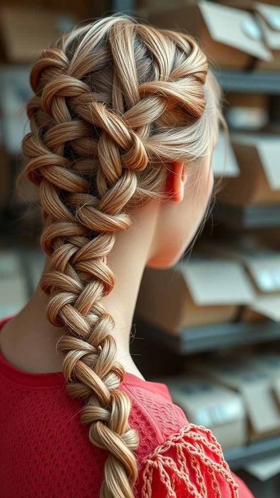 A close-up of a woman's back showing soft coral knotless braids intricately styled.