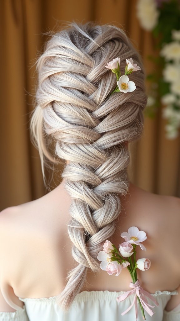 A beautiful hairstyle featuring soft lilac knotless braids adorned with flowers.