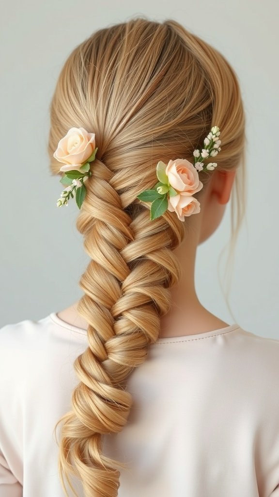 A close-up view of a soft peach knotless braid adorned with small roses.