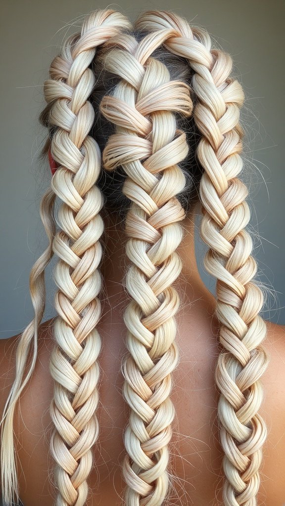 Close-up of three blonde knotless braids with caramel highlights