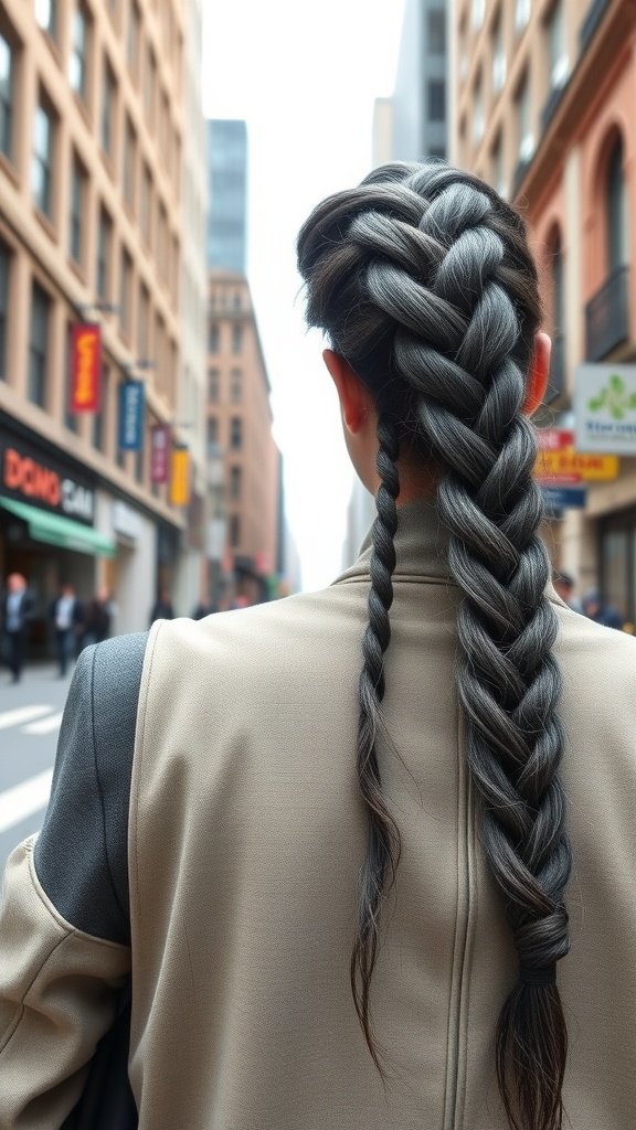 A person with steel gray knotless braids walking in a city, showcasing a stylish braided hairstyle.