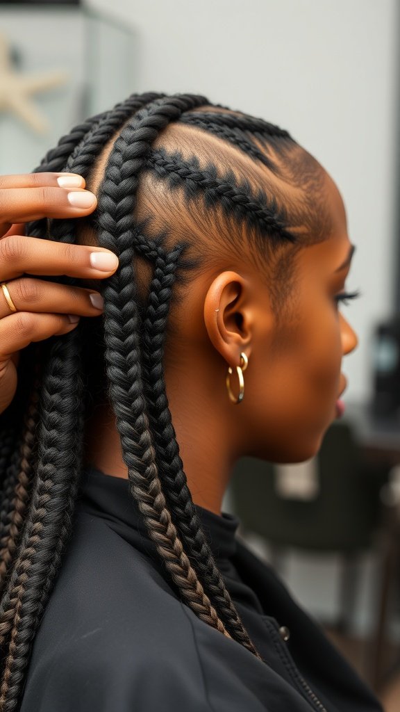 Close-up of a person getting medium knotless box braids, showing neat rows and a smooth finish.