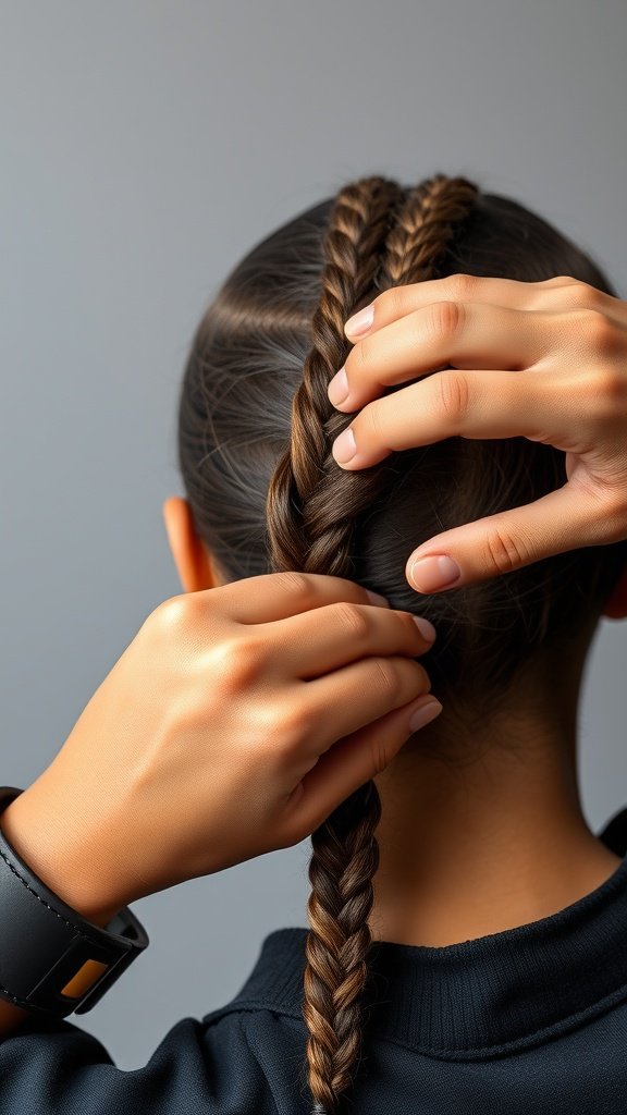 A close-up of hands braiding hair into small knotless box braids.