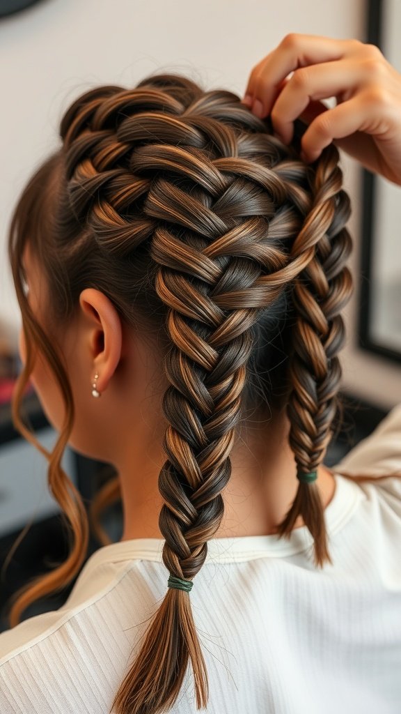 A close-up of a person with beautifully styled short bohemian knotless braids, showcasing neat sections and a trendy look.
