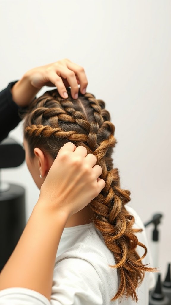 A stylist creating medium thick knotless box braids on a client's hair.