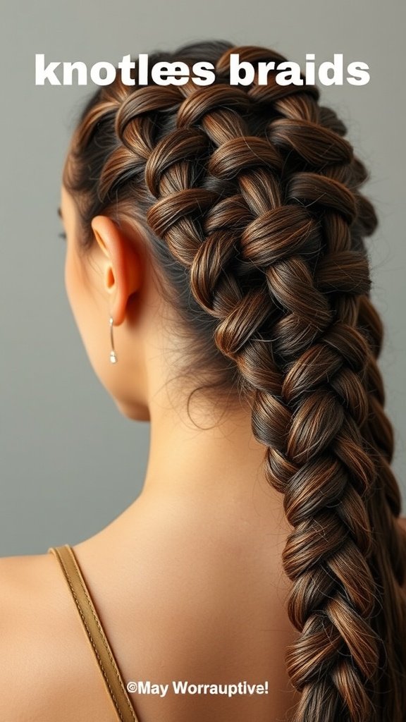 A close-up view of a woman's back showcasing beautifully styled knotless braids.