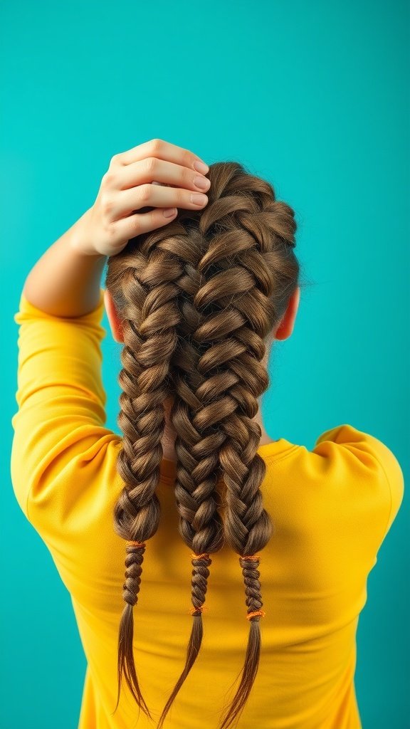 A close-up view of two thick lemonade braids styled neatly down the back, showcasing a clean and polished look.