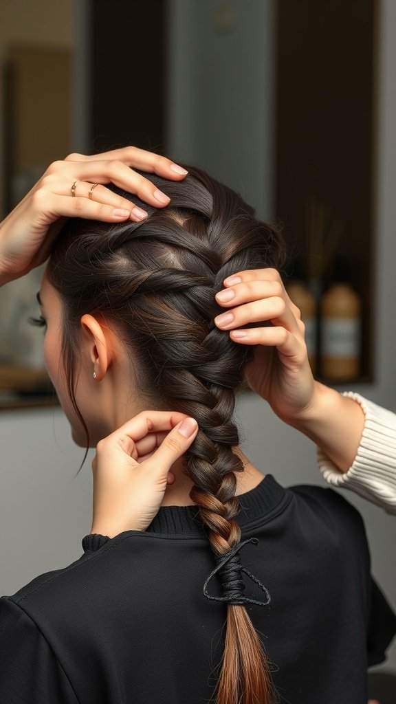 A close-up of a person braiding hair, demonstrating a step-by-step technique for knotless braids.