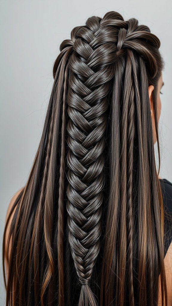 A close-up view of a beautifully braided hairstyle, showcasing a detailed knotless braid pattern.